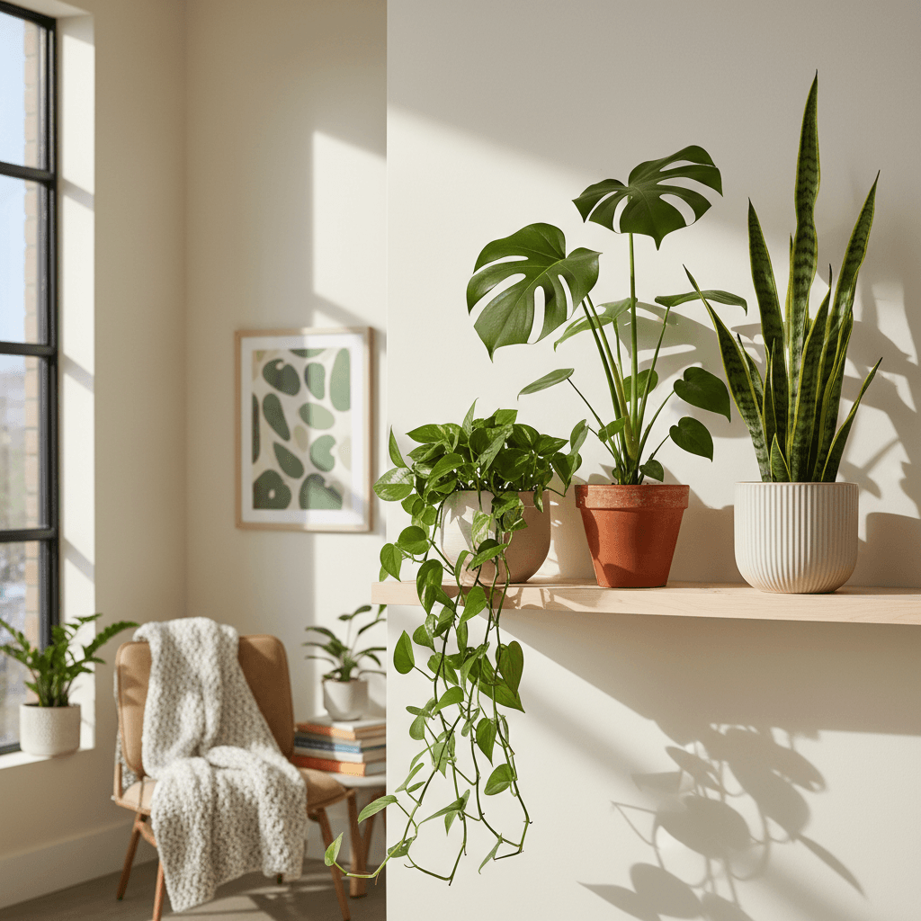 Collection of indoor potted plants on a wooden shelf