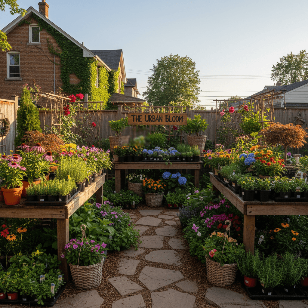 Potted outdoor plants and flowers on display