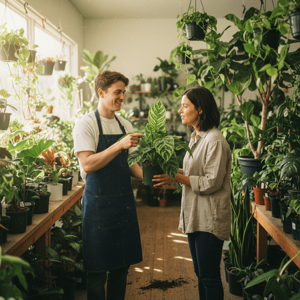 Store employee showing a plant to a customer
