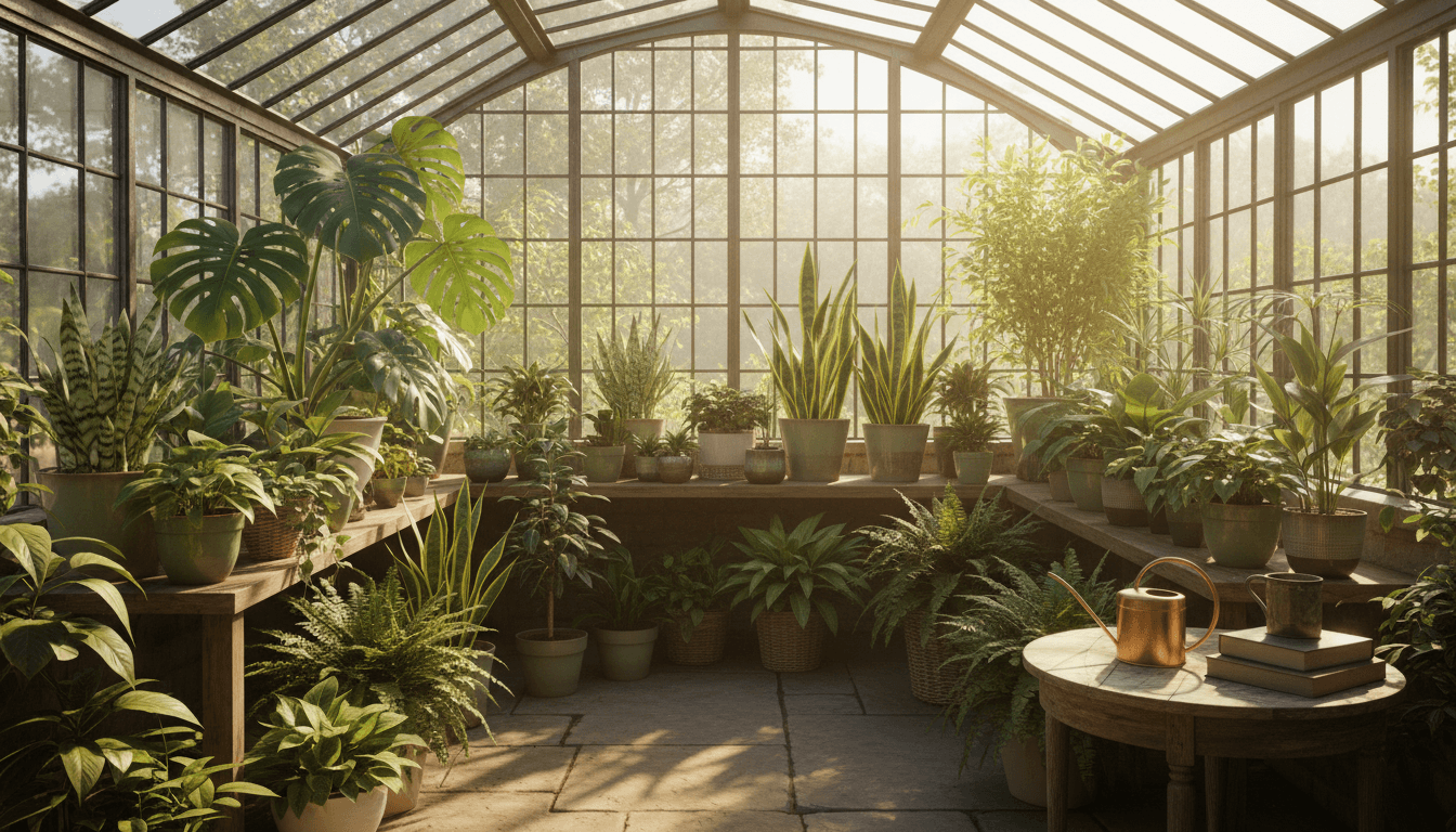 Lush green potted plants arranged on wooden shelves in a sunlit Toronto plant store