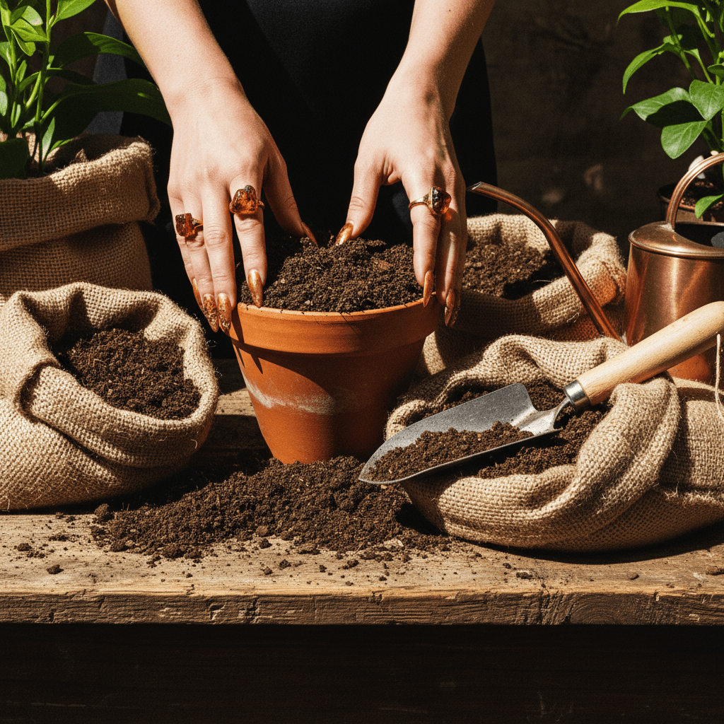 Hands filling a terracotta pot with fresh soil