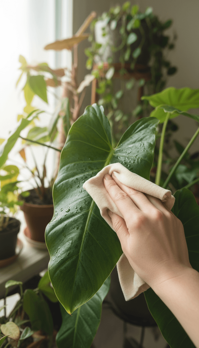 Hand gently cleaning a large green plant leaf at Sidhu Plant Store