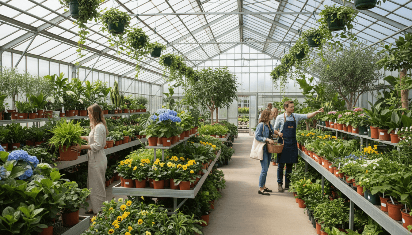 Customer getting plant care advice at a bright Toronto plant store