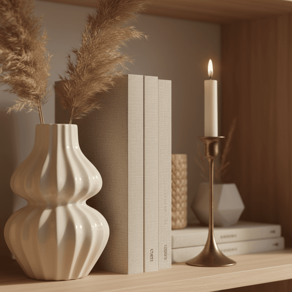 Layered shelf display with trailing ivy, a rubber tree, and a fern in ceramic pots