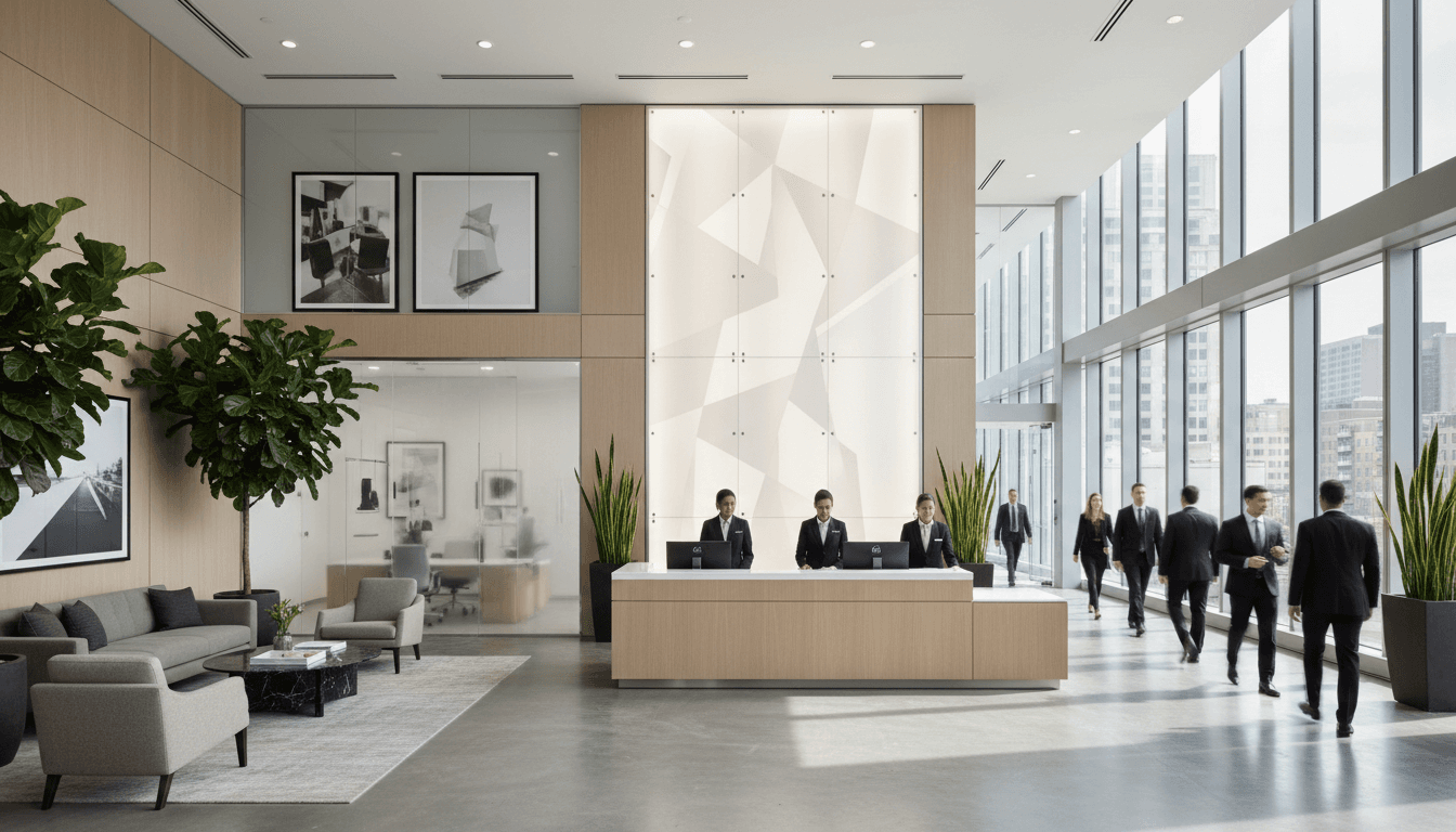 Snake plants and zz plants in a tall planter at a modern office reception