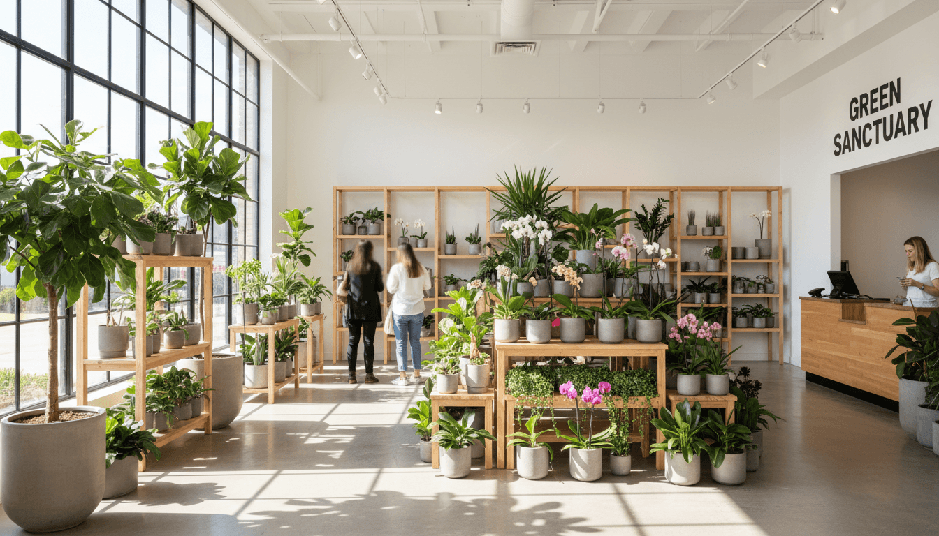 Plant store employee arranging a potted plant on a wooden workbench surrounded by greenery