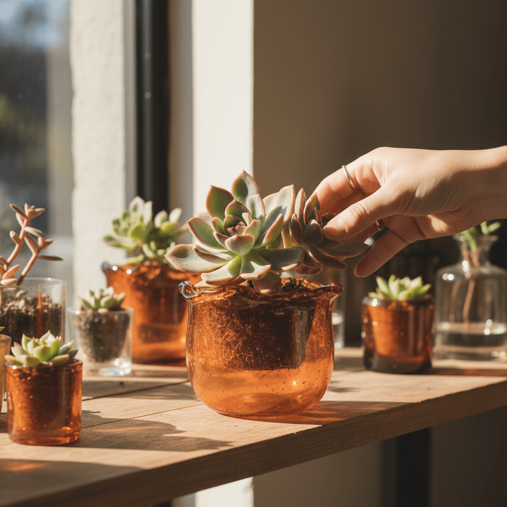 Bags of soil and terracotta pots on a wooden shelf