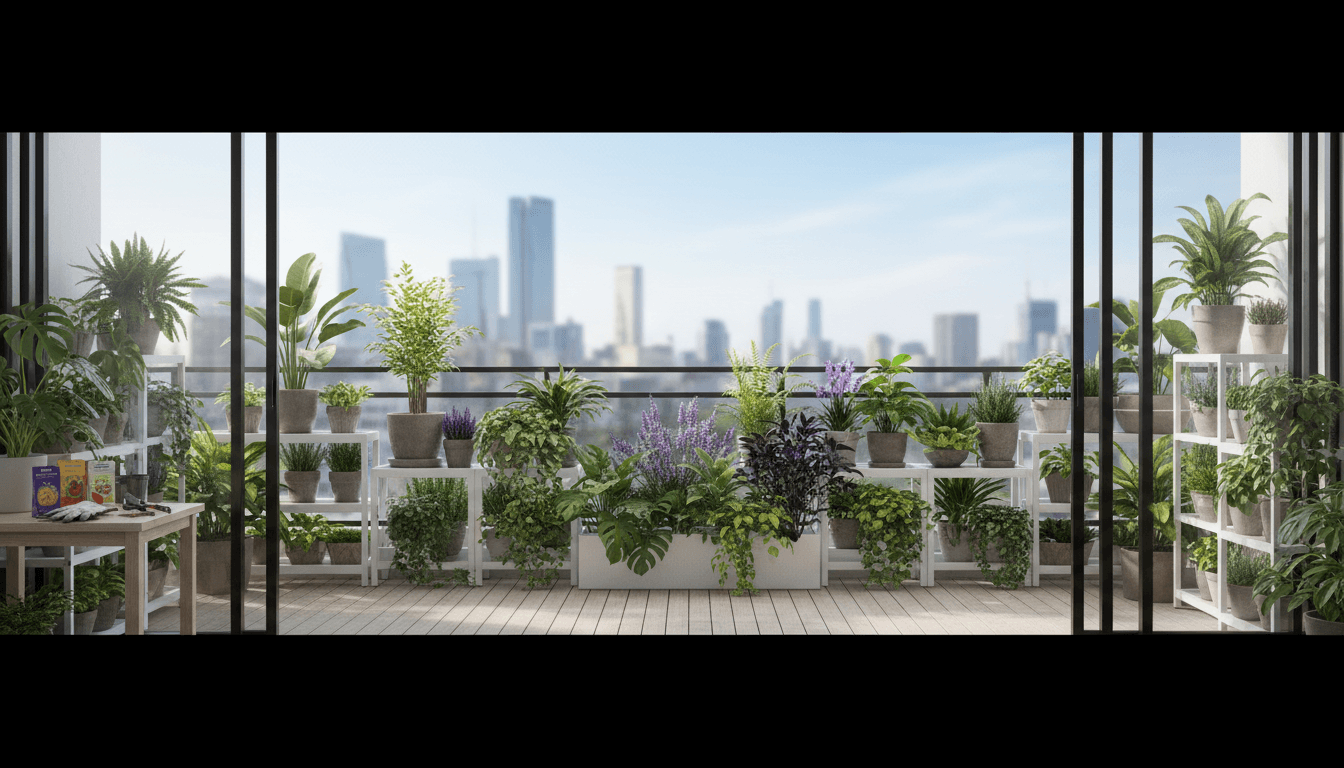 Colorful flowering plants in mixed pots along a Toronto balcony
