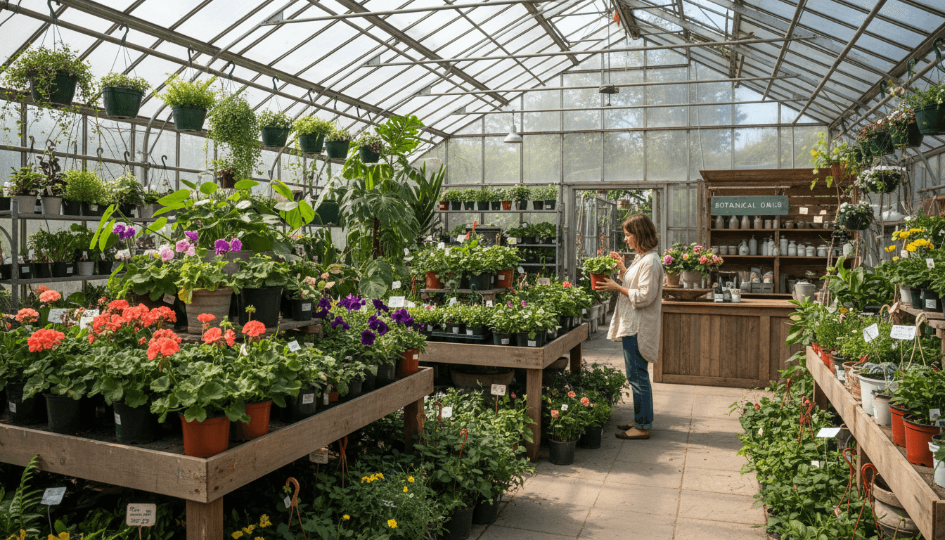 Bright, airy greenhouse interior with lush tropical plants on wooden shelves, natural sunlight streaming through glass panels, warm inviting atmosphere