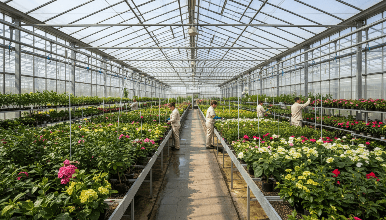Lush indoor plants arranged on wooden shelves inside a bright Toronto greenhouse