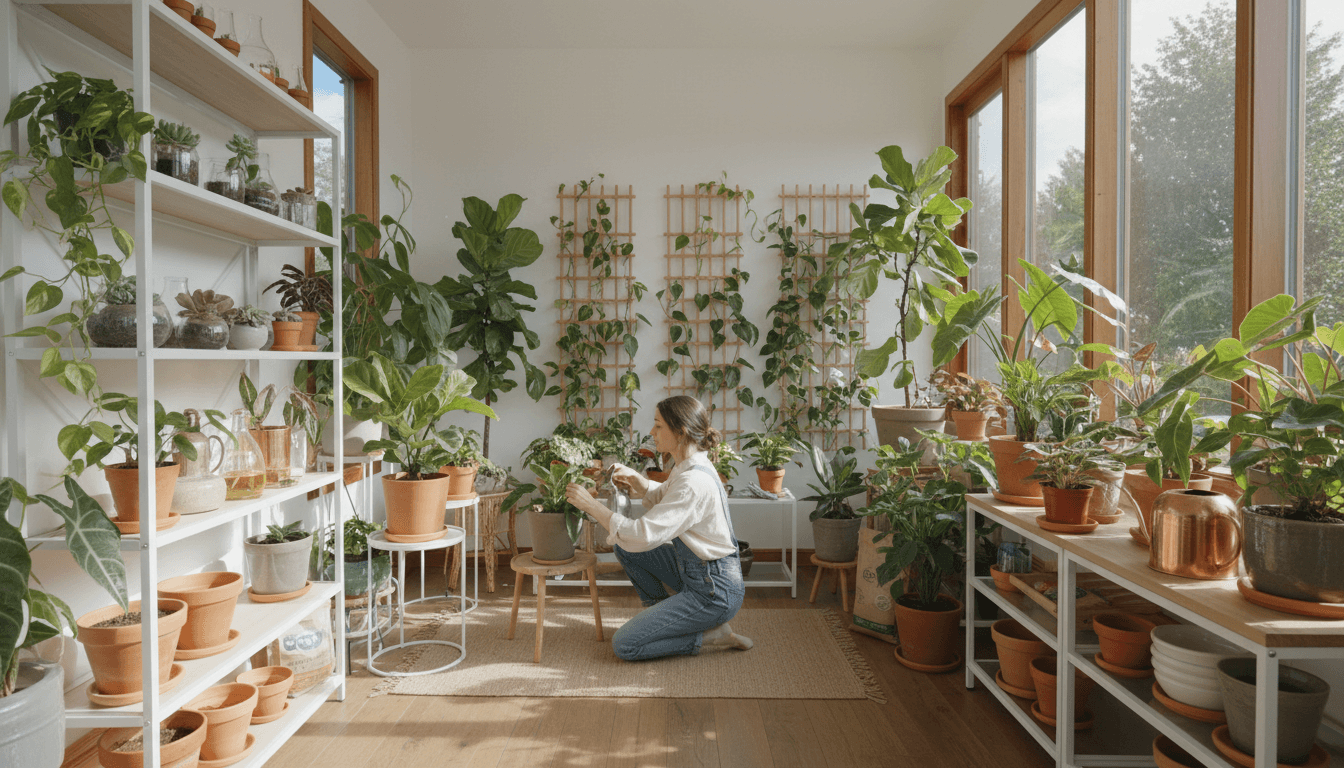 Bright greenhouse with lush potted plants on wooden shelves and soft natural light