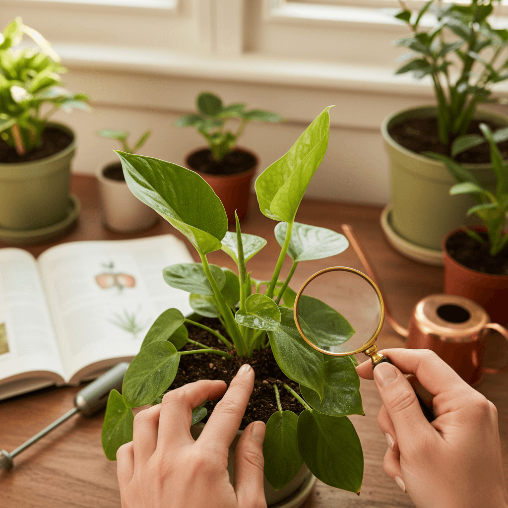 Hands gently inspecting a potted plant with yellowing leaves
