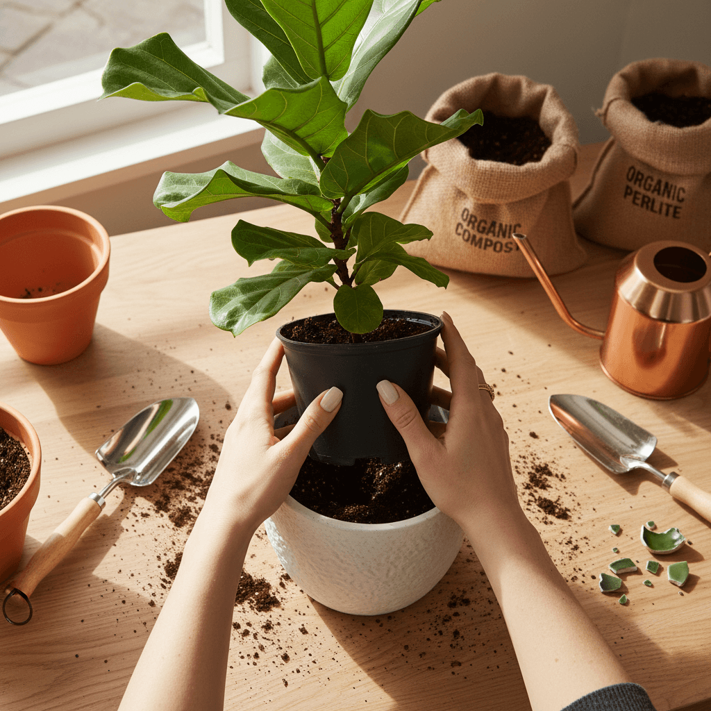 Hands repotting a small green plant into a terracotta pot in a plant shop