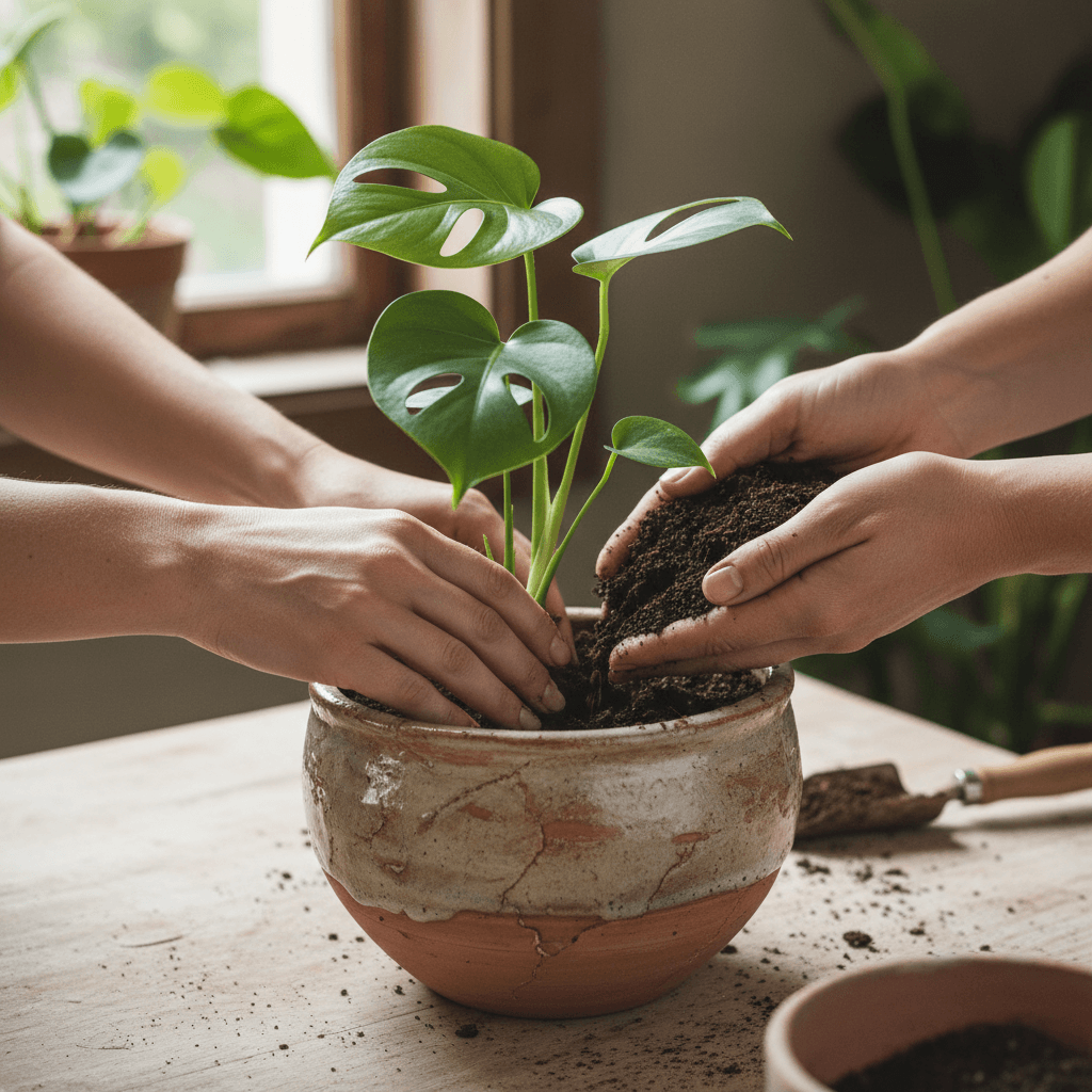 Hands placing a potted monstera into a decorative woven basket