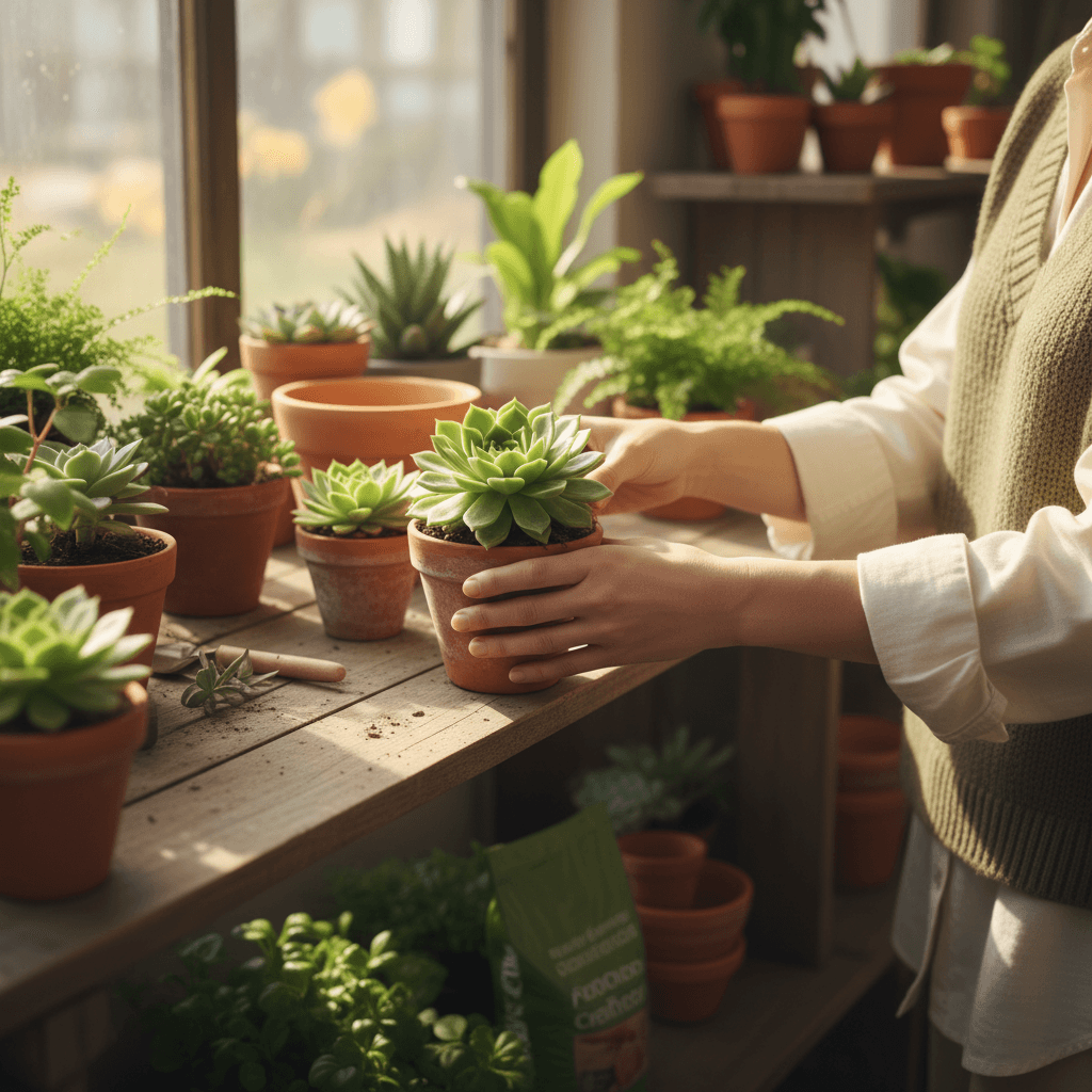 Mixed potted plants and herbs arranged on a sunny kitchen windowsill